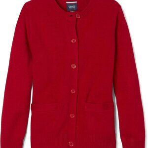Stylish Red Girls' Crew Neck Cardigan with Functional Pockets, Size 14-16